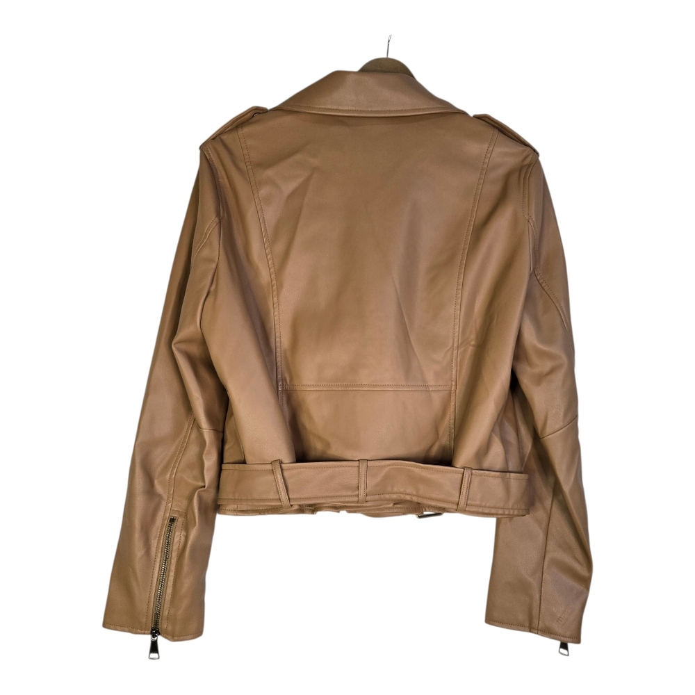 DKNY Women's Size Large Tan Faux Leather Moto Jacket, Belted With Zipper Details - Picture 4 of 11